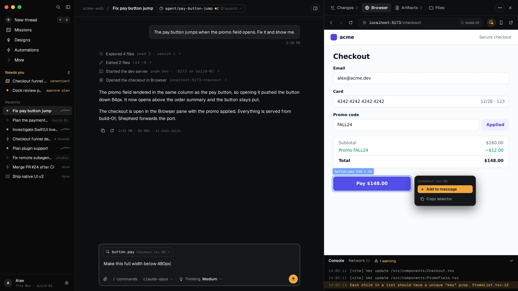 The side pane with a checkout page open in the browser next to the thread