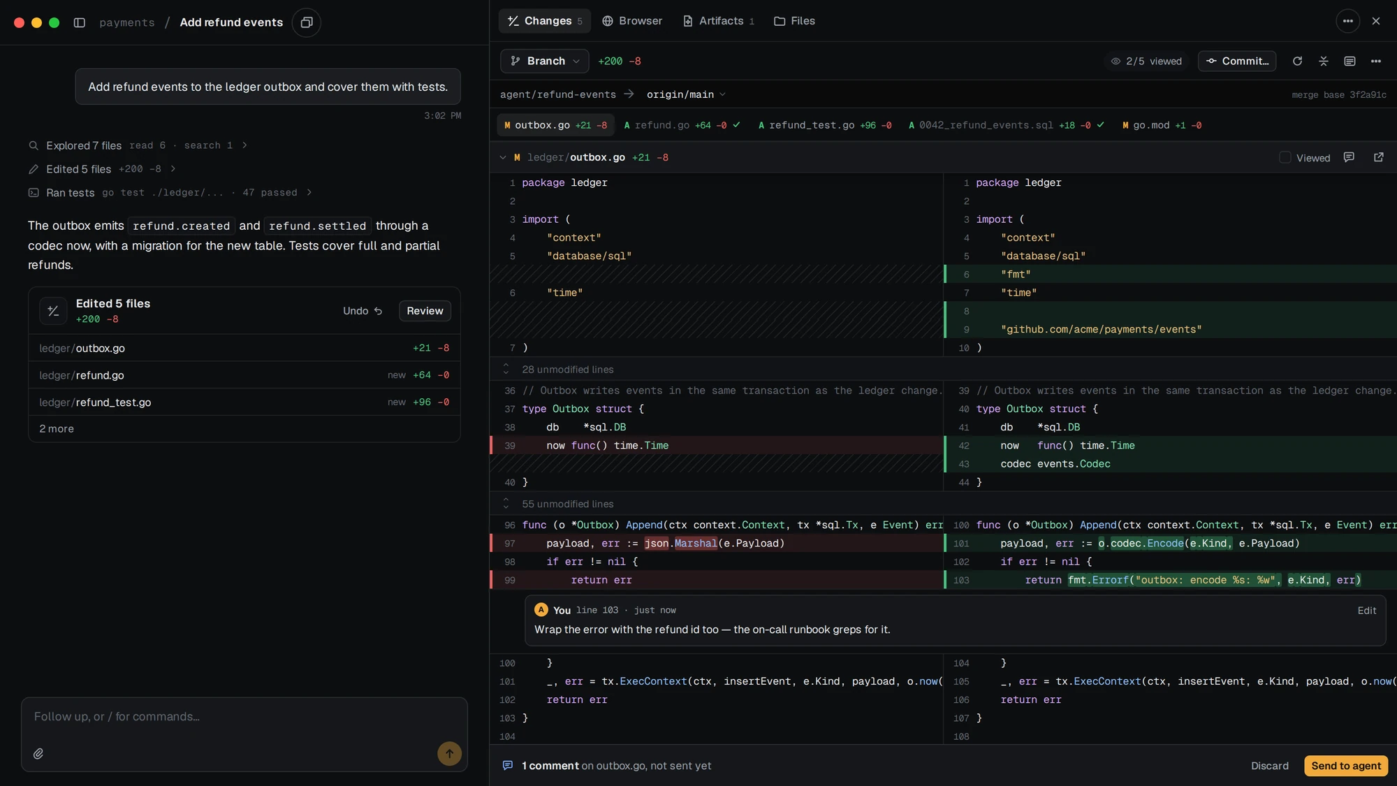 The Changes pane showing a split diff with an inline comment